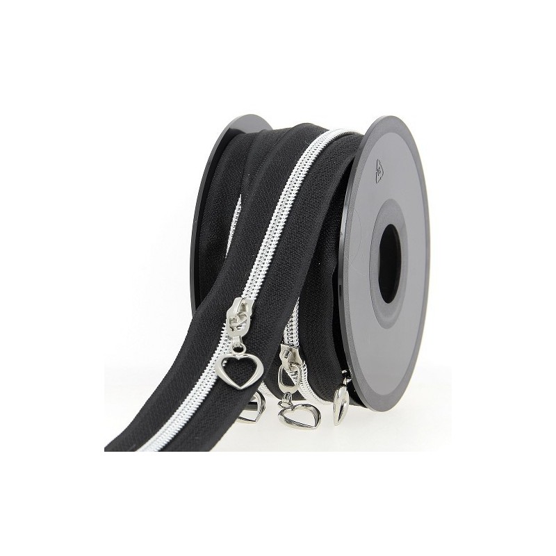 Mercerie - Fermeture éclair au mètre noir et argent coeur