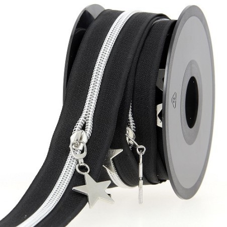 Mercerie - Fermeture éclair au mètre noir et argent etoile