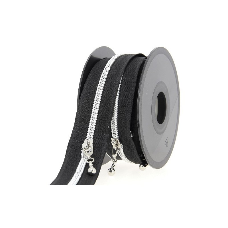 Mercerie - Fermeture éclair au mètre noir et argent boule