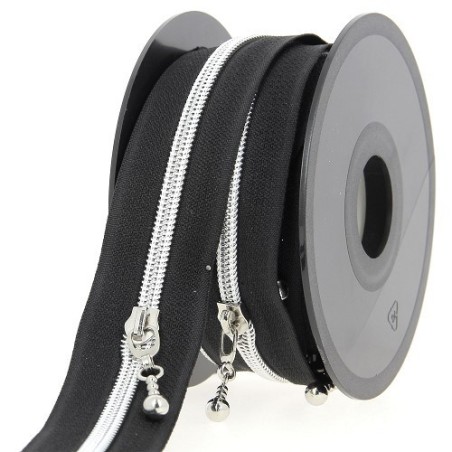Mercerie - Fermeture éclair au mètre noir et argent boule