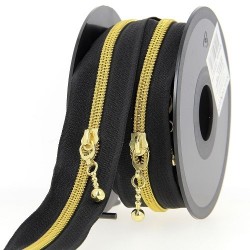 Mercerie - Fermeture éclair au mètre noir et doré boule