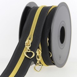 Mercerie - Fermeture éclair au mètre noir et doré coeur