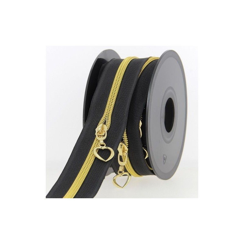 Mercerie - Fermeture éclair au mètre noir et doré coeur