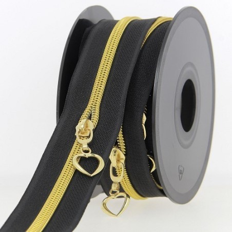 Mercerie - Fermeture éclair au mètre noir et doré coeur