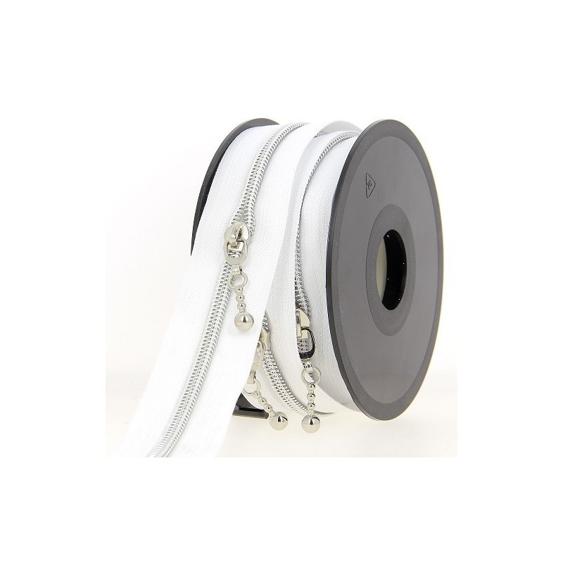 Mercerie - Fermeture éclair au mètre blanc et argenté boule