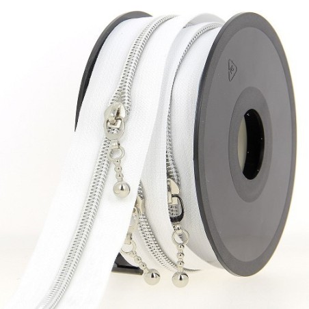 Mercerie - Fermeture éclair au mètre blanc et argenté boule