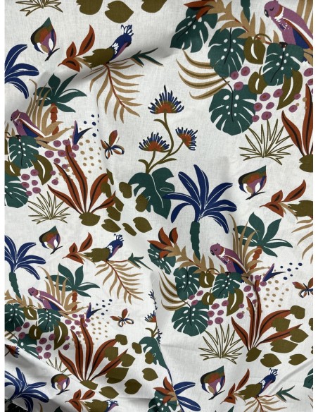 coton, cotonnade, fleurs,feuilles,blanc,perruches ,perroquet,,joelle tissu…