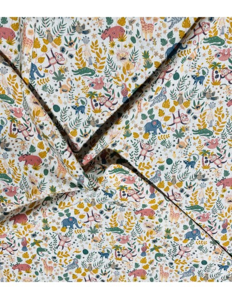 coton, cotonnade, enfants,jungle,oiseaux,vert,feuilles,blanc.