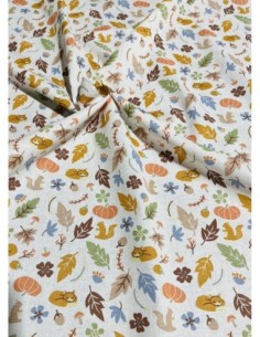 coton, cotonnade, enfants,forêt,renard,écureuil,oiseaux,blanc.