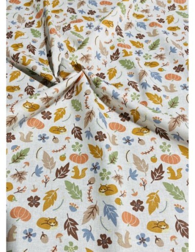 coton, cotonnade, enfants,forêt,renard,écureuil,oiseaux,blanc.