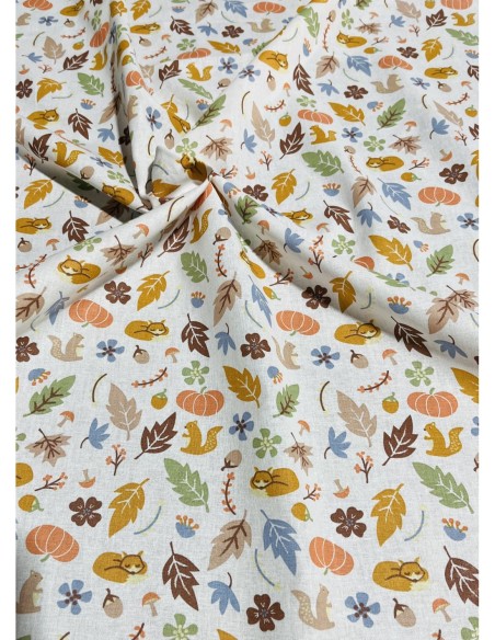 coton, cotonnade, enfants,forêt,renard,écureuil,oiseaux,blanc.