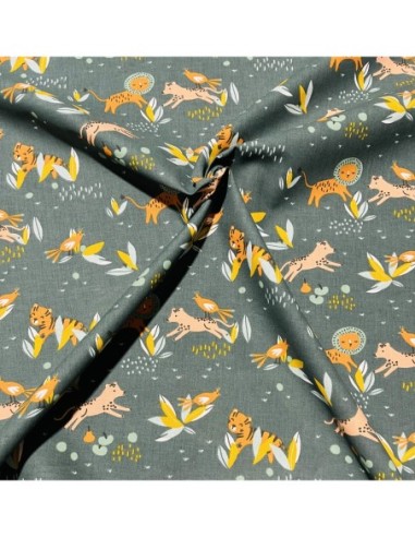 coton, cotonnade, enfants,safari,lion,tigre,léopard,vert,