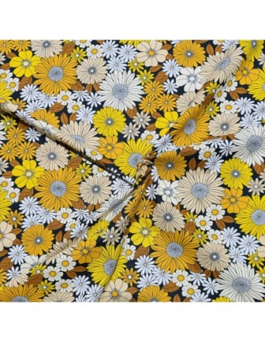 coton, cotonnade, fleurs,feuilles,moutarde,,blanc,joelle tissu…