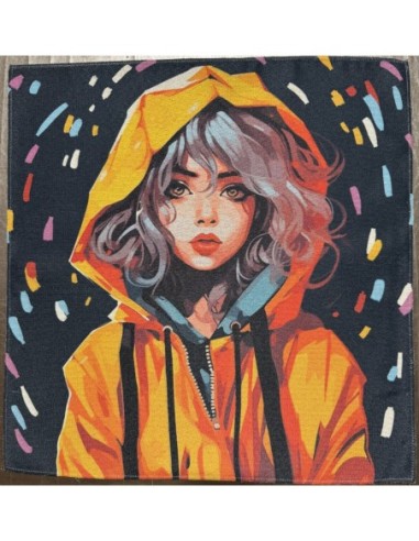 carré, jacquard, coussin, sac, lluvia,jeune fille,pluie.